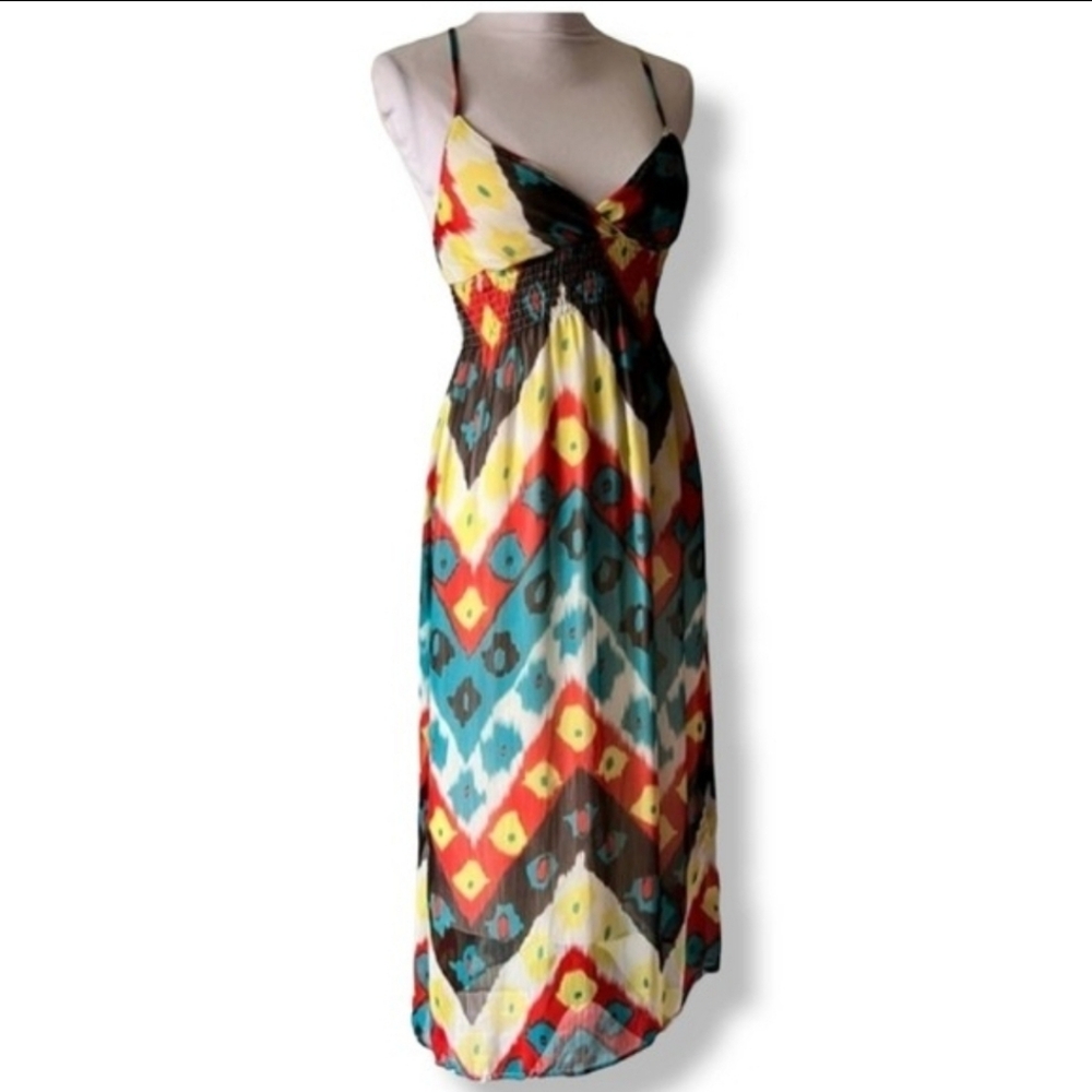2k 90s brown colorful backless smocked spaghetti strap festival dress sundress
